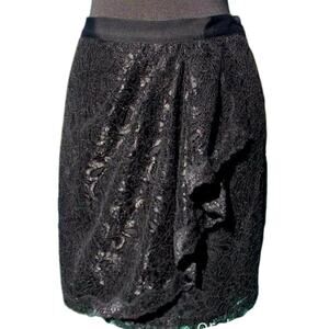 Cache Black Lace Faux Wrap Stretch Ruched Cinched Self Belt Lined Skirt $138 NWT